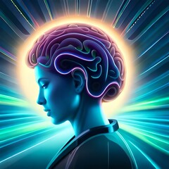 Obraz premium Neon light human brain created by artificial intelligence on a neutral background