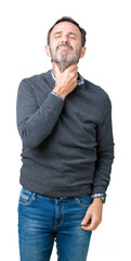 Handsome middle age senior man wearing a sweater over isolated background Touching painful neck,...