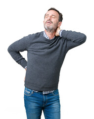 Handsome middle age senior man wearing a sweater over isolated background Suffering of neck ache injury, touching neck with hand, muscular pain