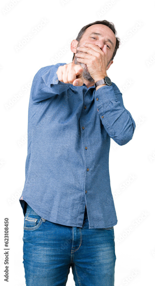 Canvas Prints Handsome middle age elegant senior man over isolated background Laughing of you, pointing to the camera with finger hand over mouth, shame expression