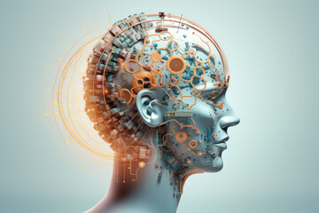 Tête humaine  de profil avec un cerveau connecté avec des circuits imprimés symbolisant l'intelligence artificielle et l'homme augmenté sur un fond pastel - obrazy, fototapety, plakaty