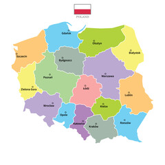 Poland maps background with regions, region names and cities in color, flag. Poland map isolated on white background. Vector illustration map europe