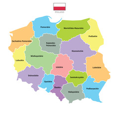 Poland maps background with regions, region names and cities in color, flag. Poland map isolated on white background. Vector illustration map europe