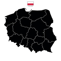 Poland map background with states. Poland map isolated on white background with flag. Vector illustration black-white map europe