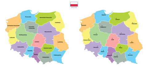 Two Poland maps background with regions, region names and cities in color, flag. Poland map isolated on white background. Vector illustration map europe