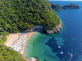 Aerial view of Rovinia Beach in Liapades Corfu Greece