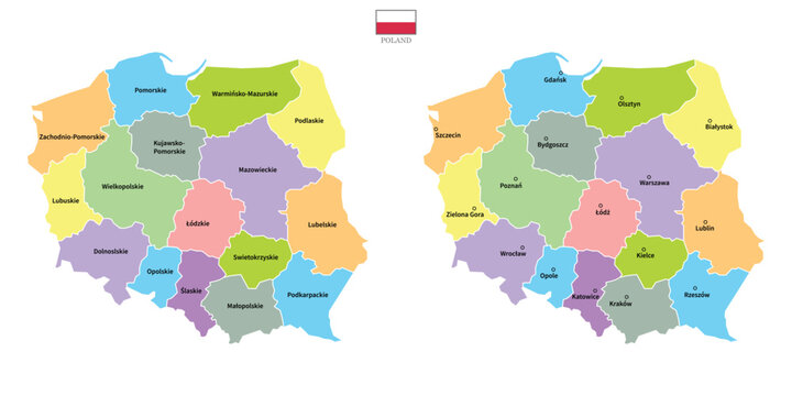 Two Poland maps background with regions, region names and cities in color, flag. Poland map isolated on white background. Vector illustration map europe
