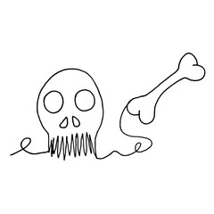 One line Skull and Bone. Halloween symbol isolated on white background. Continuous line Halloween concept. Vector illustration.