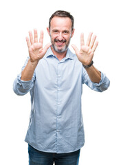 Naklejka premium Middle age hoary senior business man over isolated background showing and pointing up with fingers number ten while smiling confident and happy.