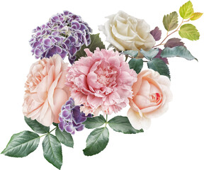 Roses, hydrangea and hydrahgea isolated on a transparent background. Png file.  Floral arrangement, bouquet of garden flowers. Can be used for invitations, greeting, wedding card.
