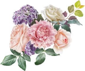 Rolgordijnen Roses, hydrangea and hydrahgea isolated on a transparent background. Png file.  Floral arrangement, bouquet of garden flowers. Can be used for invitations, greeting, wedding card. © RinaM