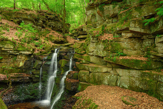 Wharnley Burn Falls passing through gorge, a beautiful waterfall at Allensford near Consett, County Durham, the burn is a tributary of the River Derwent and well hidden in woodland