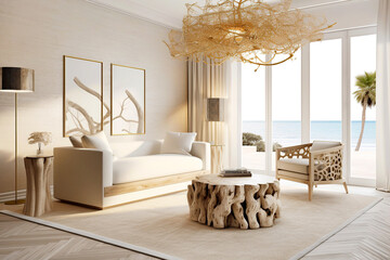 Rustic root coffee table near white sofa and armchair. Mediterranean home interior design of modern living room with sea view. Created with generative AI
