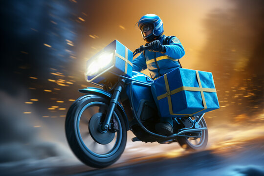 Delivery man rides motorcycle fast to deliver - Powered by Adobe