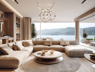 Cozy beige sofa in spacious room with terrace. Luxury home interior design of modern living room in lakeside house, panoramic open windows with stunning sea bay or lake and mountains view. AI