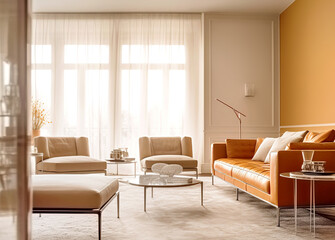 Orange leather sofa near beige chairs against big window. Mid-century style home interior design of modern living room. Created with generative AI
