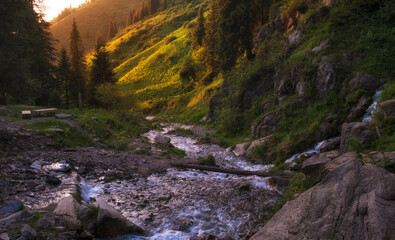 Mountain river in beautiful gorge at sunset. Gorge Butakovskoe in Almaty Kazakhstan