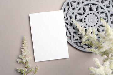 Blank wedding invitation card mockup flat lay, greeting card with copy space