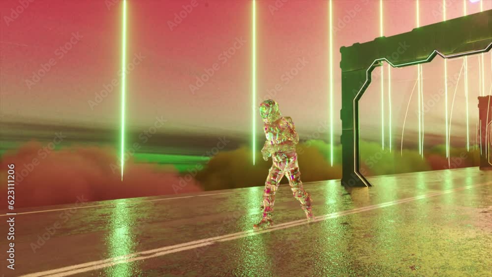 Aufkleber astronaut is running down the space highway when he runs through the gate turns into a diamond. neon