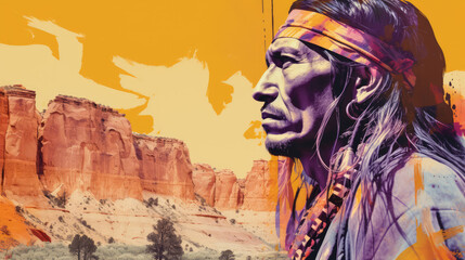 Colorful collage of Native American Indian man and southwest desert canyon