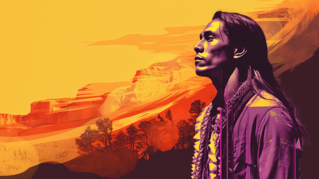 Colorful Collage Of Native American Indian Man And Southwest Desert Canyon