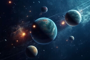 Obraz na płótnie Canvas Space, planets and night in solar system, universe and galaxy with jupiter, mars and pluto science. Ai generated, background and futuristic cosmos in dark orbit, dark sky and astronomy atmosphere