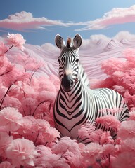 An infrared photograph of a zebra in a pink field, in the style of daz3d, light gray and light aquamarine, nature