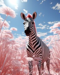 An infrared photograph of a zebra in a pink field, in the style of daz3d, light gray and light aquamarine, nature
