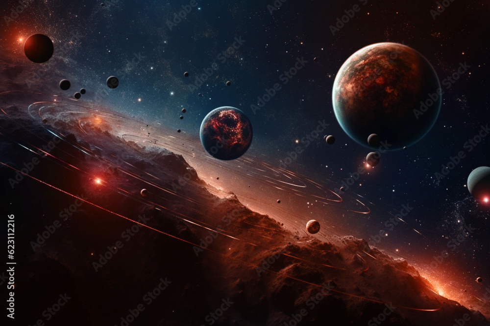 Wall mural space, planets and armageddon in solar system, universe and galaxy with neptune, mars and pluto. ai 