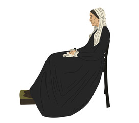 Whistler's Mother in vector. Vector illustration. An elderly woman is sitting on a chair. Famous picture. American artist. Mother in black dress. In a white scarf.  - obrazy, fototapety, plakaty