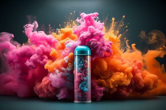 Pink aerosol can with cloud of colored powders stock photo, in the style of light orange and teal, video glitches, high quality photo, colorful explosions, striking composition, psychedelic surrealism