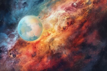 Watercolor drawing of planet, galaxy and nebula, space background. Generative AI