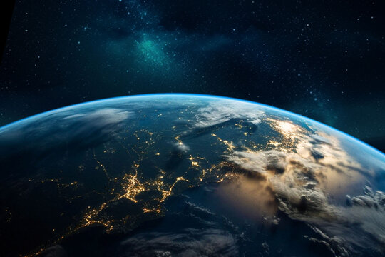 Earth, surface or closeup in space, galaxy and universe for science research, astrology and planet exploration. Ai generated, astronomy and solar system with world sunrise, dark sky or night mockup