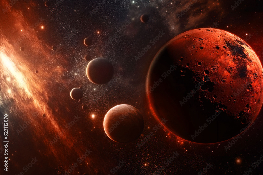 Wall mural space, planets and armageddon in night universe, galaxy and solar system with earth, mars and pluto.