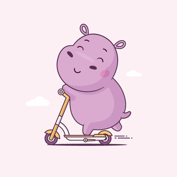 Cute hippopotamus character driving a push scooter vector kawaii cartoon illustration