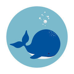 Cute flat whale in a round frame. Illustration on transparent background