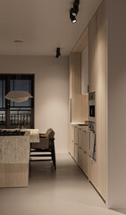 Kitchen interior with natural materials. Wooden cabinet, ceiling, stone countertop and concrete floor. Windows with landscape view and night lighting. 3d rendering. High quality 3d illustration