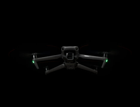 DJI Mavic 3 - in Flying in the dark, on black background. Closeup drone on dark. One of the most popular drones in the market. Modern reconnaissance copter camera. 12.01.2022 Rostov-on-Don. Russia
