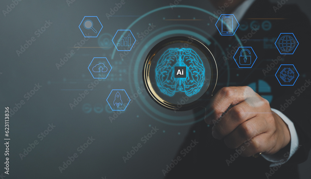 Poster ai brain, businessman holding a magnifying glass in search of brain development, artificial intellig