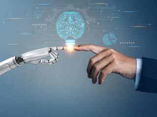 AI artificial intelligence brain, robot hand and human hand, businessman touching creative brain...
