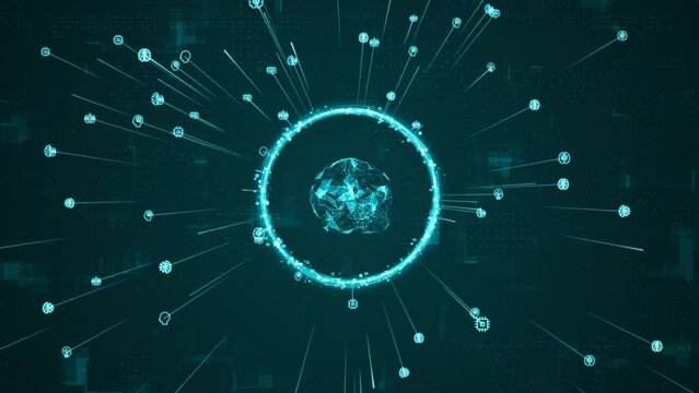Motion graphic of Blue digital brain logo and AI icons ring rotation around logo with ai icon spread and line linked on abstract background with Ai chatbot and machine learning technology concept