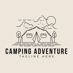 Camping Logo Line Art Simple Minimalist Illustration Template Icon Design. Adventure Activity Outdoor Summer Camp.