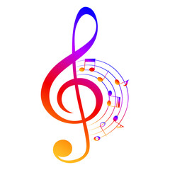 Music notes and treble clef, colorful gradient musical symbols, vector illustration. - obrazy, fototapety, plakaty