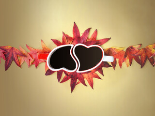 Creative autumn design made of red and white heart shaped coffee cups with red and yellow leaves against gold background. Minimal concept. Copy space. Fall art. Autumn coffee.
