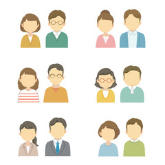 イラストアイコン素材セット：正面を向いた若い男女夫婦、パートナー（バストアップ/主線なし）
