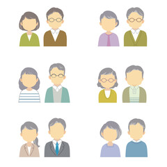 イラストアイコン素材セット：正面を向いたシニア男女夫婦、パートナー（バストアップ/主線なし）
