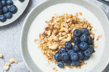 Granola with yogurt and blueberries in a plate on a gray background