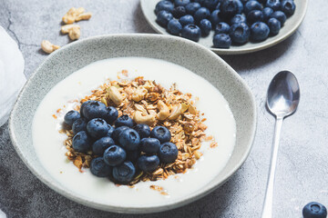 Granola with yogurt and blueberries in a plate on a gray background