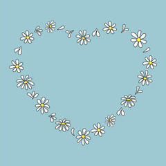 Floral heart shape, chamomile frame on blue background, vector illustration.