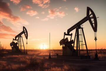 oil pump in sunset, Photographic Close-Up of Oil Pumps in Front of Wind Turbines in the Sunset, Set Against a Natural Landscape of Light Brown and Brown Tones, Embracing the Vastness of the Texas